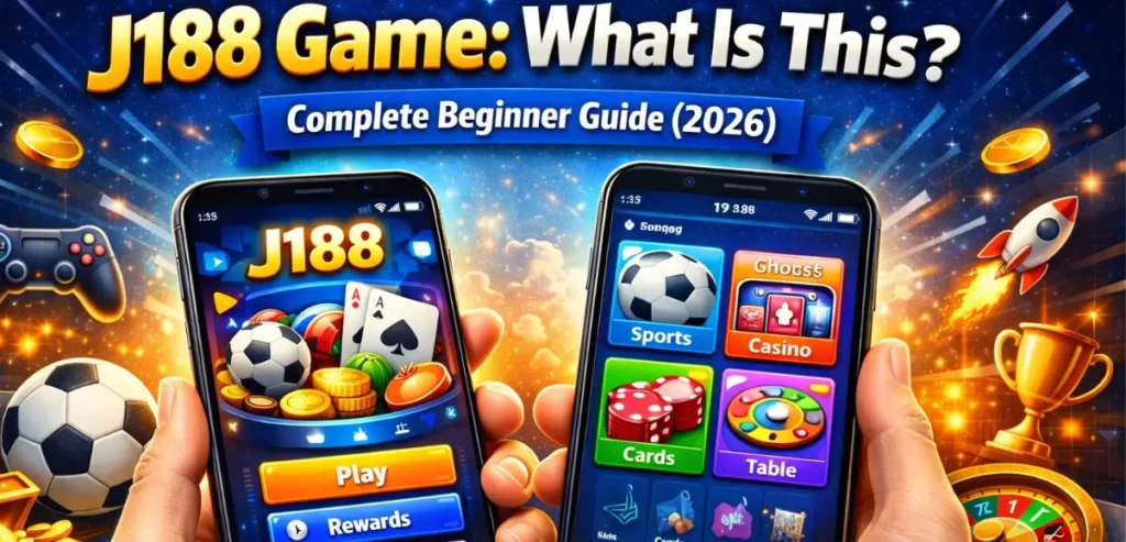 J188 game What is this ? Complete beginner guide 2026 banner with two mobile screens showing app features and game categories
