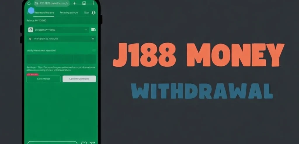 J188 money withdrawal banner showing withdrawal request screen on mobile and J188 Money Withdrawal text